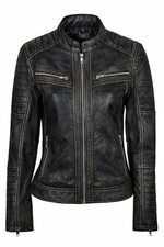 Women's Genuine Lambskin Leather Jacket Black Slim Fit Motorcycle Jacket (843)