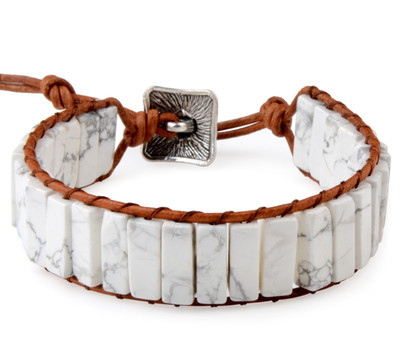White Howlite Healing Stone Friendship Chakra Bracelet Handmade Boho Leather E11