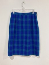 Vintage Pendleton Blue Green Plaid Virgin Wool Women Skirt Size 14