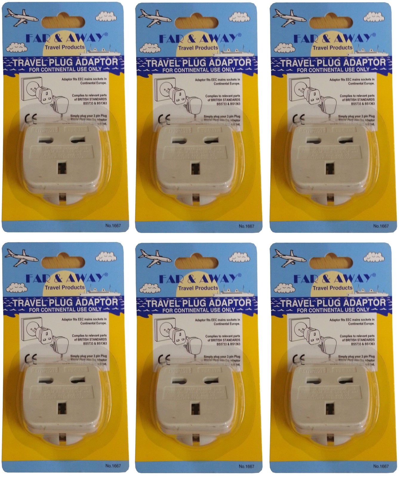 6x Far & Away Double Earthed Continental EU European Travel Adaptor Plug