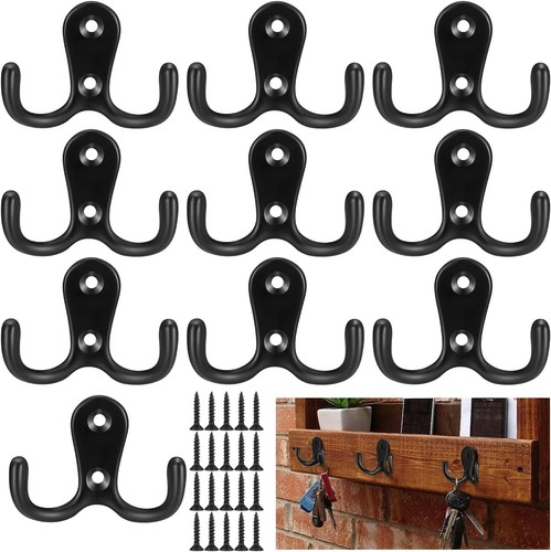 COAT HOOKS 10 Pack Black Wall Mounted Coat Hook Double Hook With Mounting Screws - Picture 4 of 7