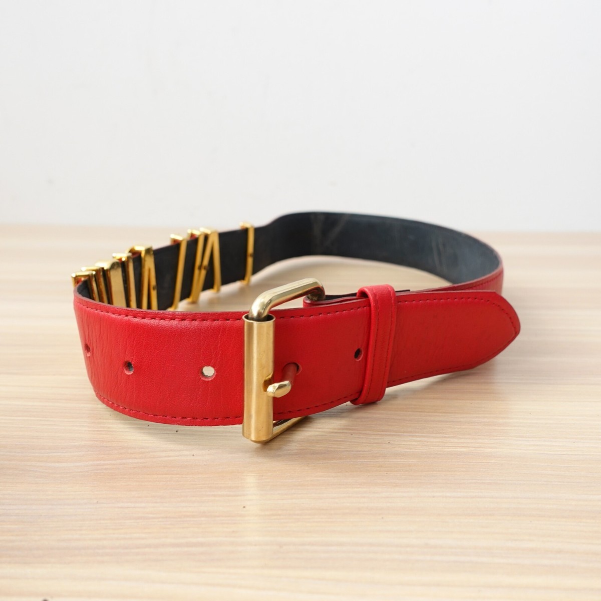 MOSCHINO Belt XS Logo Gold Red Leather Italian Luxury