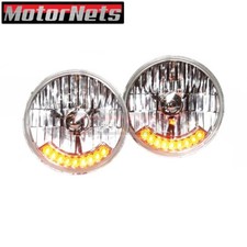 Pair 7 Headlight Headlamp W Integrated Amber Led Turn Signal Clear Round Hotrod