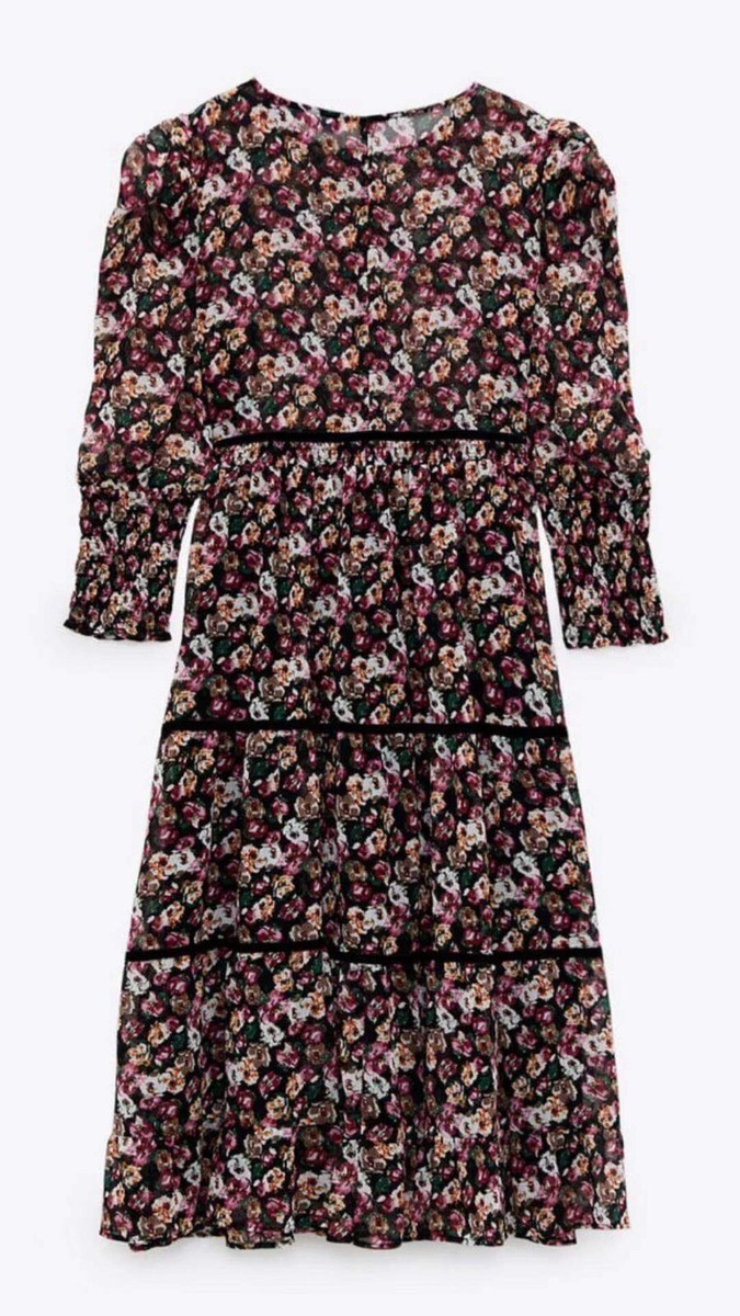 zara black and pink floral dress Zara Pink Black Floral Long Sleeve Pleated Cuffs Back Cut Out Mini Dress  Size M
