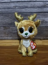 Ty Beanie Boos Glitzy the Christmas Reindeer 6 Inch with Heart Tag Tan and Gold 