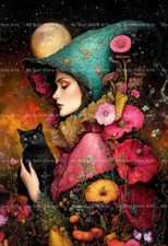 WITCH AND BLACK CAT FANTASY ART PRINT, Halloween Decor Witchy Gothic Poster E148
