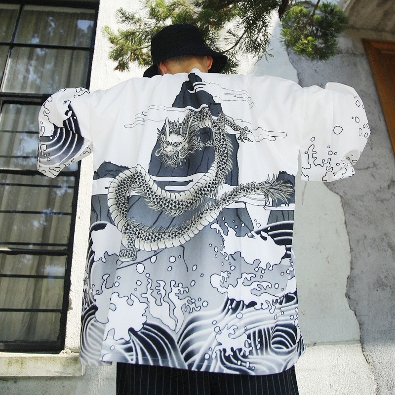 ALTRA Cappotto Yukata Kimono Uomo Giapponese Retro Top Sciolto Drago Bianco Nero Baggy