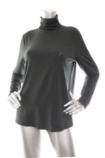 NEW Eileen Fisher Fine Jersey Scrunch Neck Slim Fit Basic Length Top Dark Green