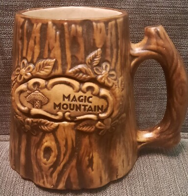 Vintage Six Flags Magic Mountain tiki style brown mug