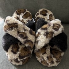 MIXIT WOMEN  S CRISS/CROSS LEOPARD SLIPPERS FAUX FUR SIZE SMALL 5-6 NEW