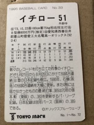 1995 Calbee Ichiro Suzuki No.33 Orix Bluewave Baseball Card