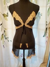 Victoria's Secret Vintage Black/Beige Lace Sheer Chemise Babydoll  Thong Set S