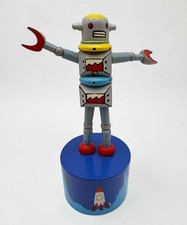 Wooden Robot Push Puppet Toy Hand-Painted Space Themed Martian 5.5 Inch