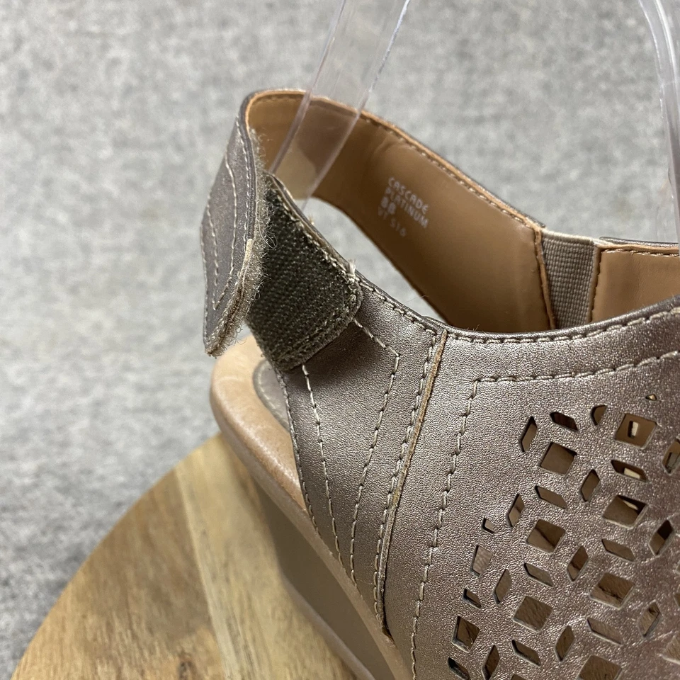 Sapatos femininos Earth Cascade tamanho 8 sandálias anabela couro conforto slingback platina - Imagem 2 de 4