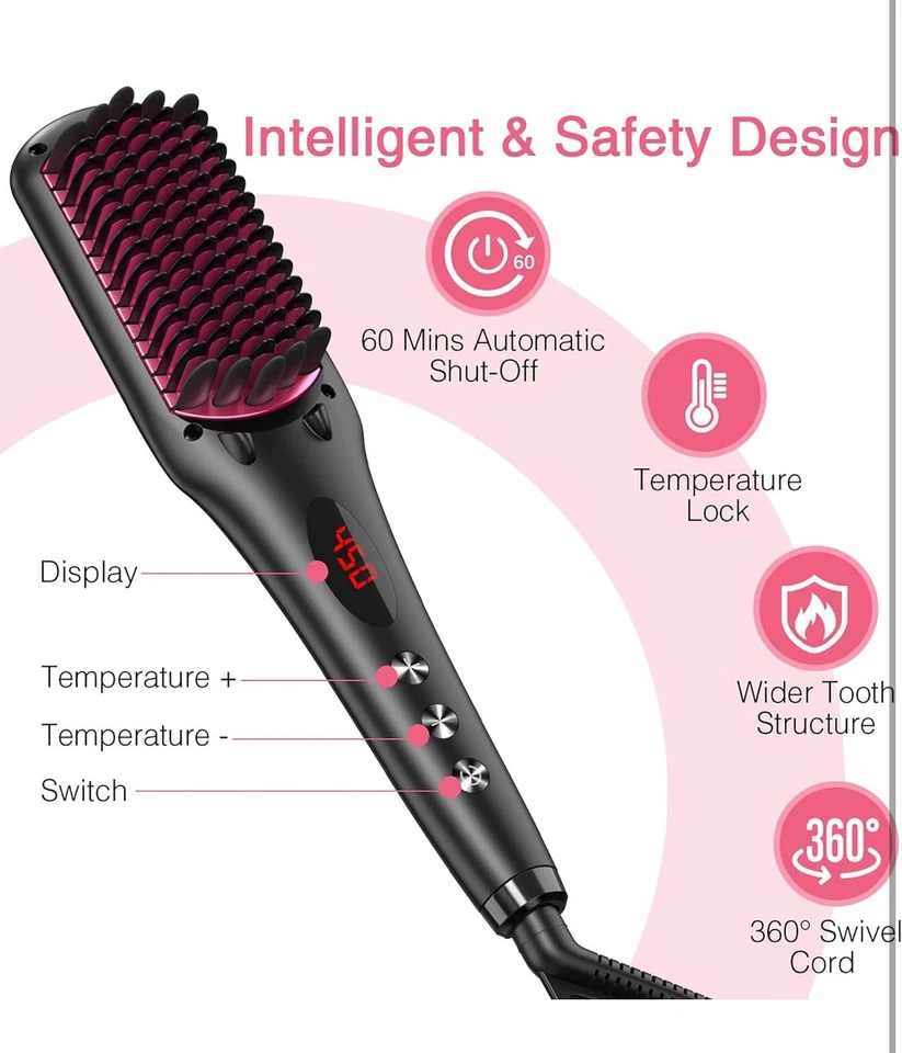 Hair Straightener Ionic Smoothing Brush Hot Comb Wide 3D Teeth For Curly Hair - Image 4 of 4