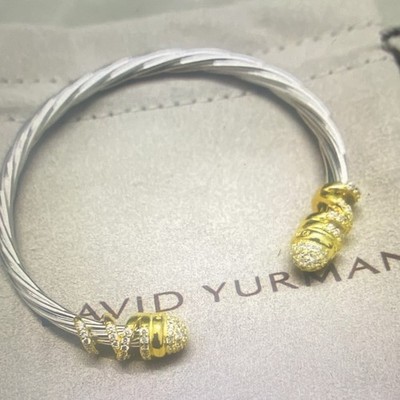 David Yurman 925 Silver 18k Gold Cable Crossover Pave Diamond Cuff Bracelet