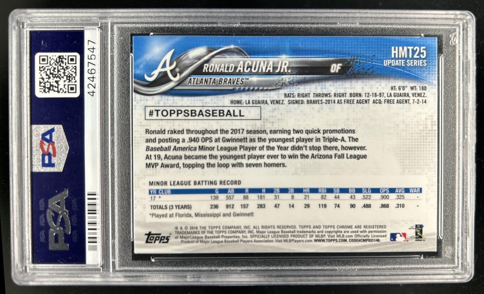 2018 Topps Chrome Update Ronald Acuna Jr. RC Rookie #HMT25 Braves PSA 10 view 2