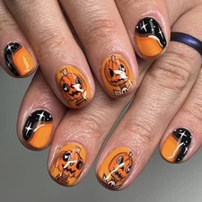 Halloween Press on Nails Short Square Fake Nails with Design Orange style-a18