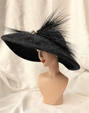Vintage 50?s Mr Josephs Womens Black Fur Felt Hat Wi Feather Plume 20.5?