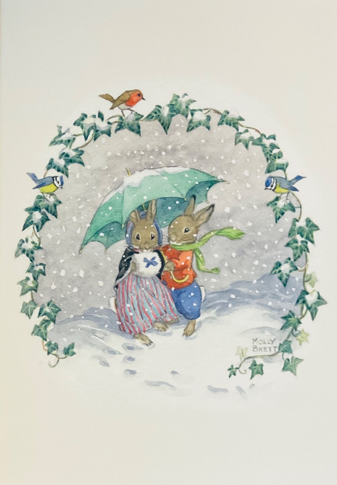 Vintage Nostalgic Christmas Card ~ Snow Bunnies ~ Rabbits & Umbrella ~ M Brett