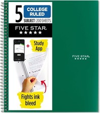 200 Sheet 5 Subject Water-Resistant Spiral Notebook with Perforated Pages, Green