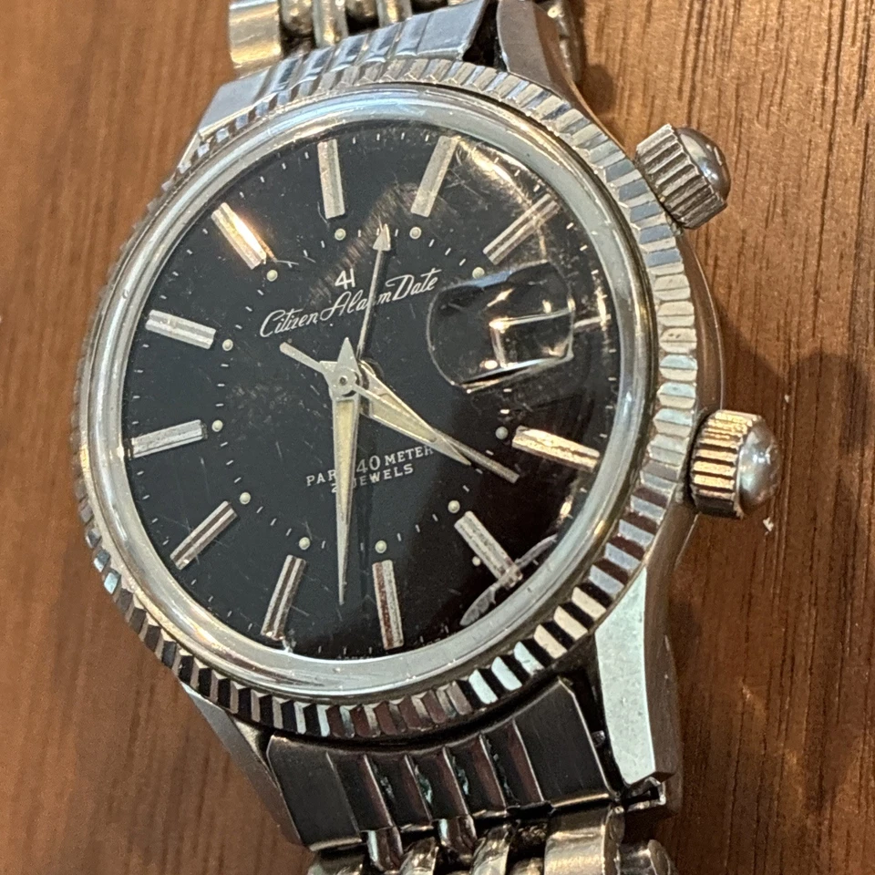 Vintage 1960’S CITIZEN PARAWATER Alarm Date Black Dial Foto 2 de 4