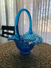 Fenton Blue Glass Hobnail Decorated Basket with Ruffled Collar & Applied Handle