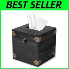 Rustic Black Wooden Tissue Box Holder - Hinged Lid Dispenser