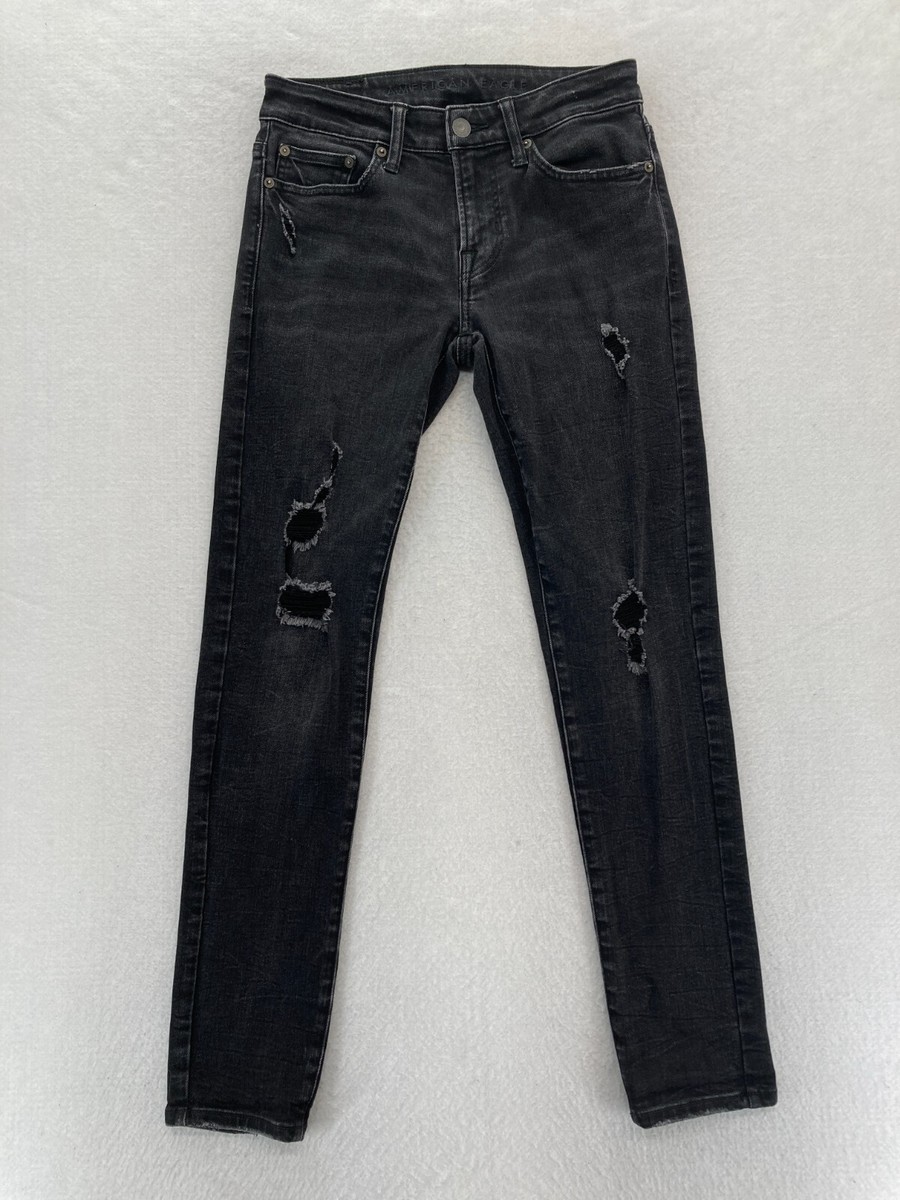 American Eagle Skinny Jeans Mens 28x32 Black Distressed Stretch Denim Low  Rise