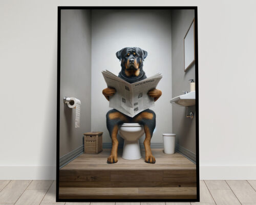 Photo d'un Rottweiler lisant le journal sur les toilettes, Décoration Humour WC - Photo 1/8