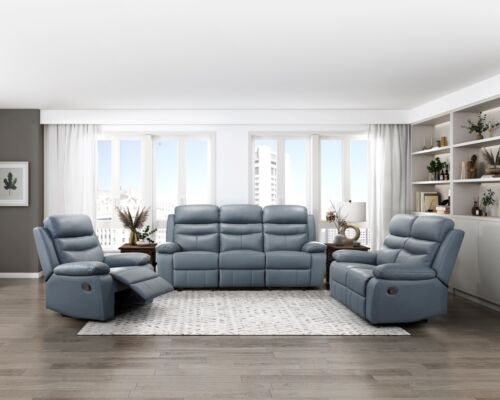2 PC BLUE TOP GRAIN LEATHER RECLINING SOFA LOVESEAT LIVING ROOM FURNITURE SET - Picture 12 of 12