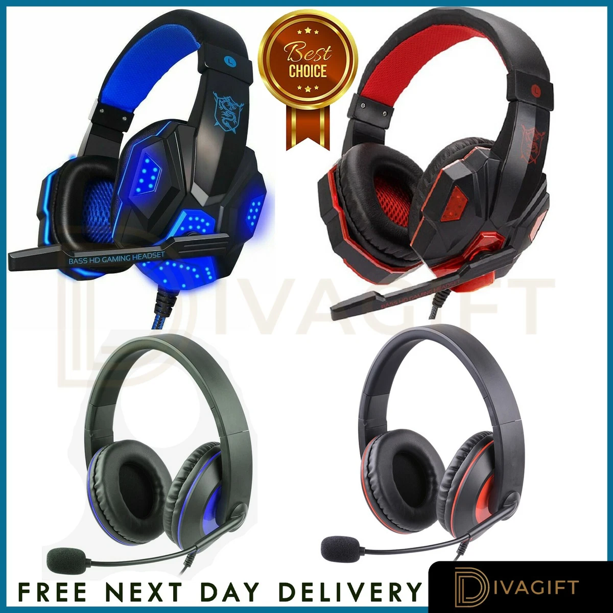 Gaming Headset Headphones With Microphone LED For PC Laptop PS4