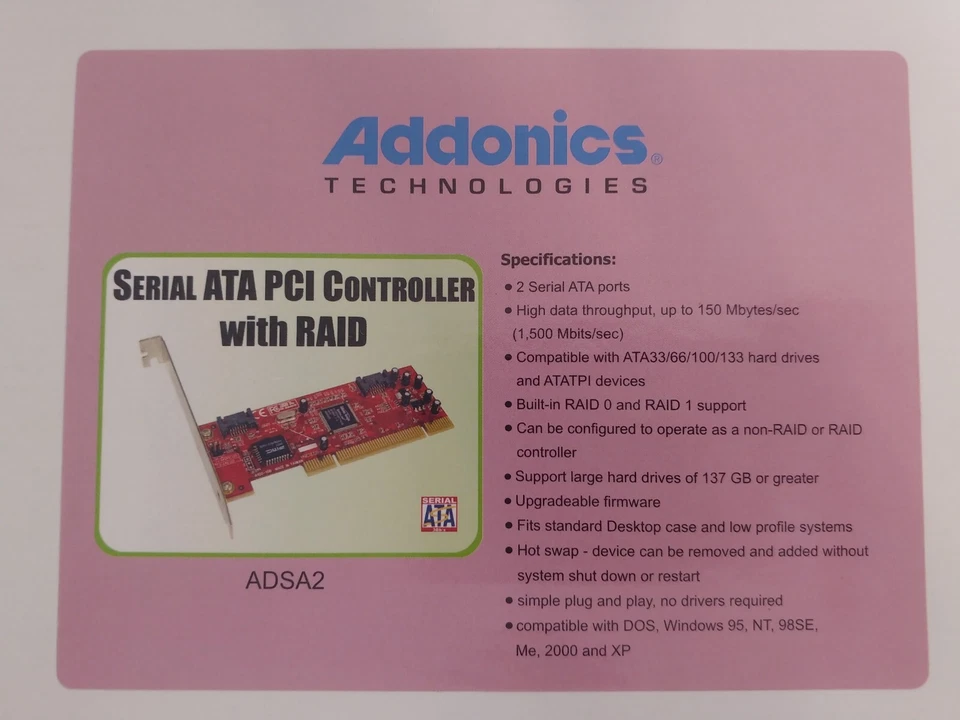 ADSA2 Addonics Serial ATA RAID Controller Up to 150MBps 2 x 7-pin SATA Serial AT - Image 2 of 4