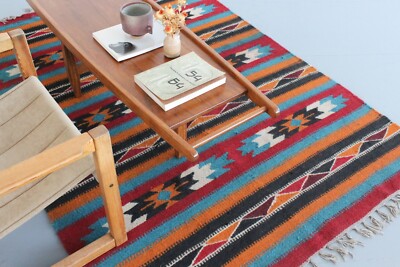 Vintage blau orange rot und schwarz gemustert Azteken Flachgewebe Wolle Teppich