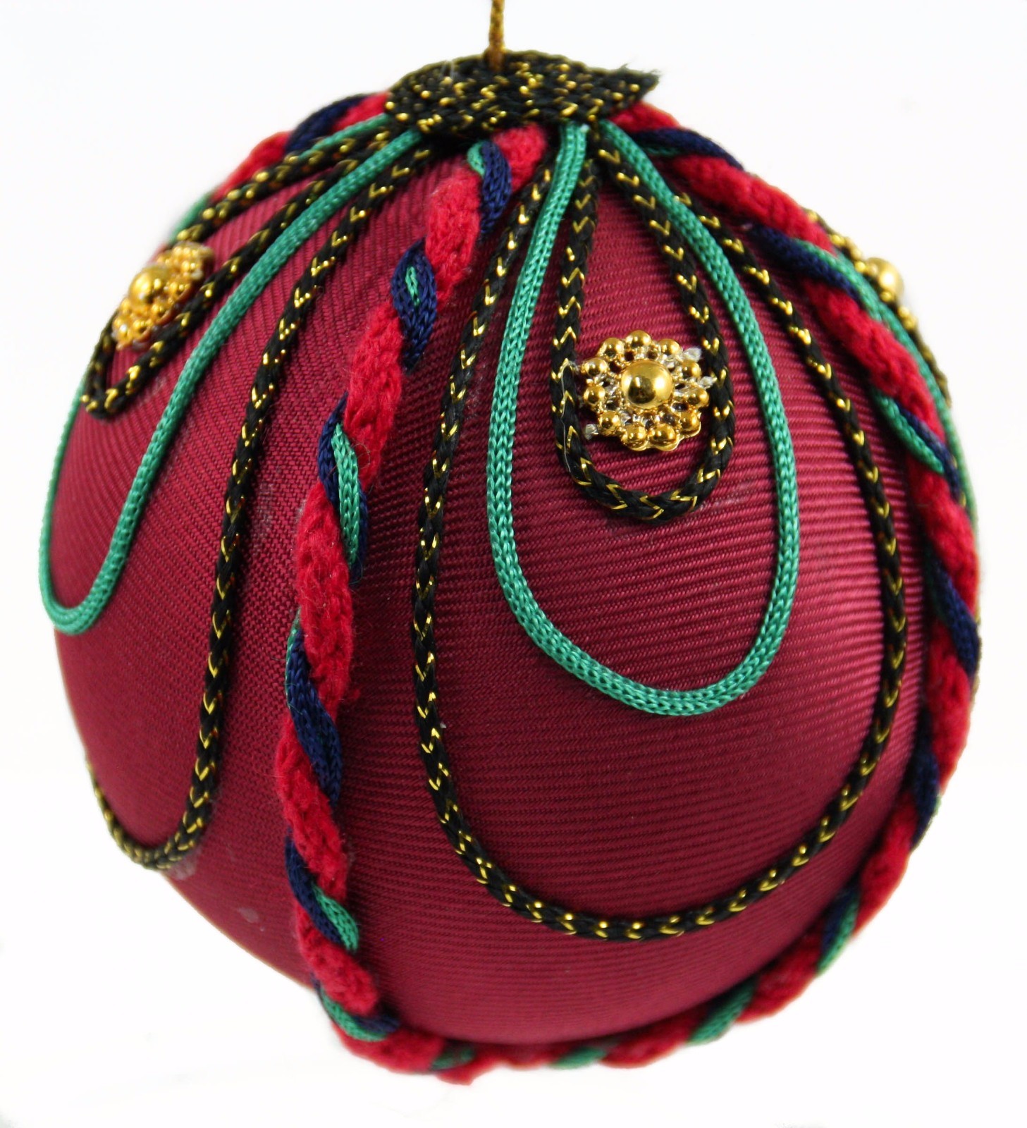 Red Maroon Green Ball Christmas Ornament - Gorham Fabric Holiday Decor