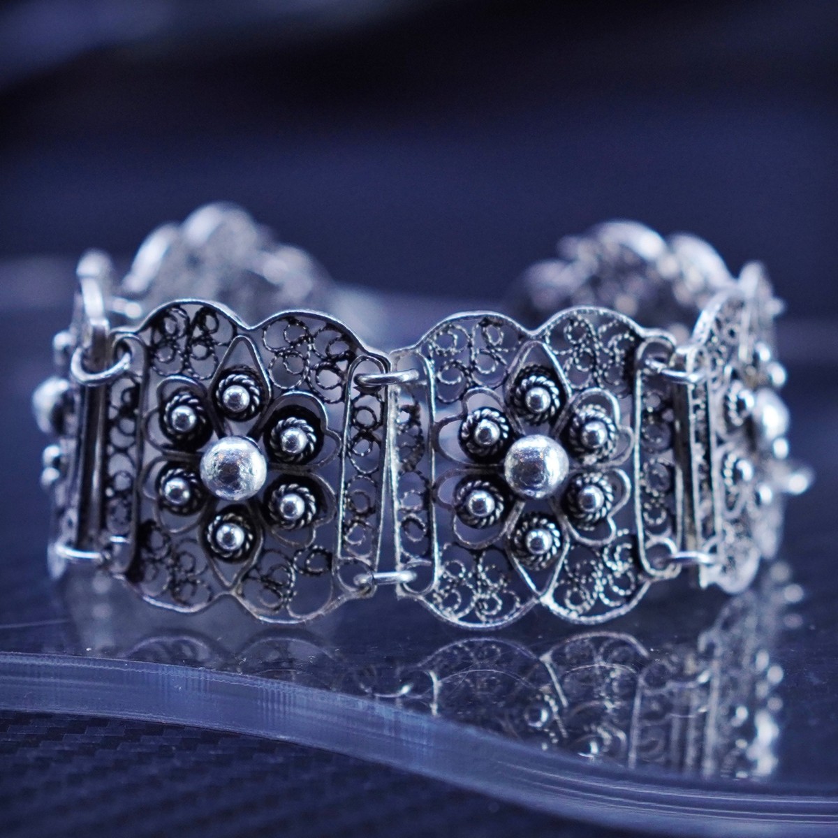 7”, vintage Sterlng Silver 925 handmade filigree floral link