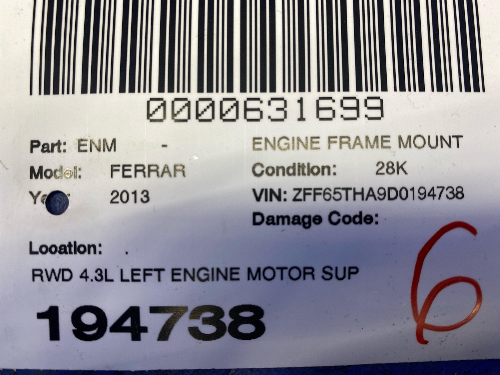 2008-2014 FERRARI CALIFORNIA RWD 4.3L LEFT ENGINE MOTOR SUPPORT MOUNT 12754 OEM