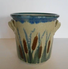 Monroe Salt Works Pottery Glazed Cattail Plant Pattern Double Handle Crock 6"