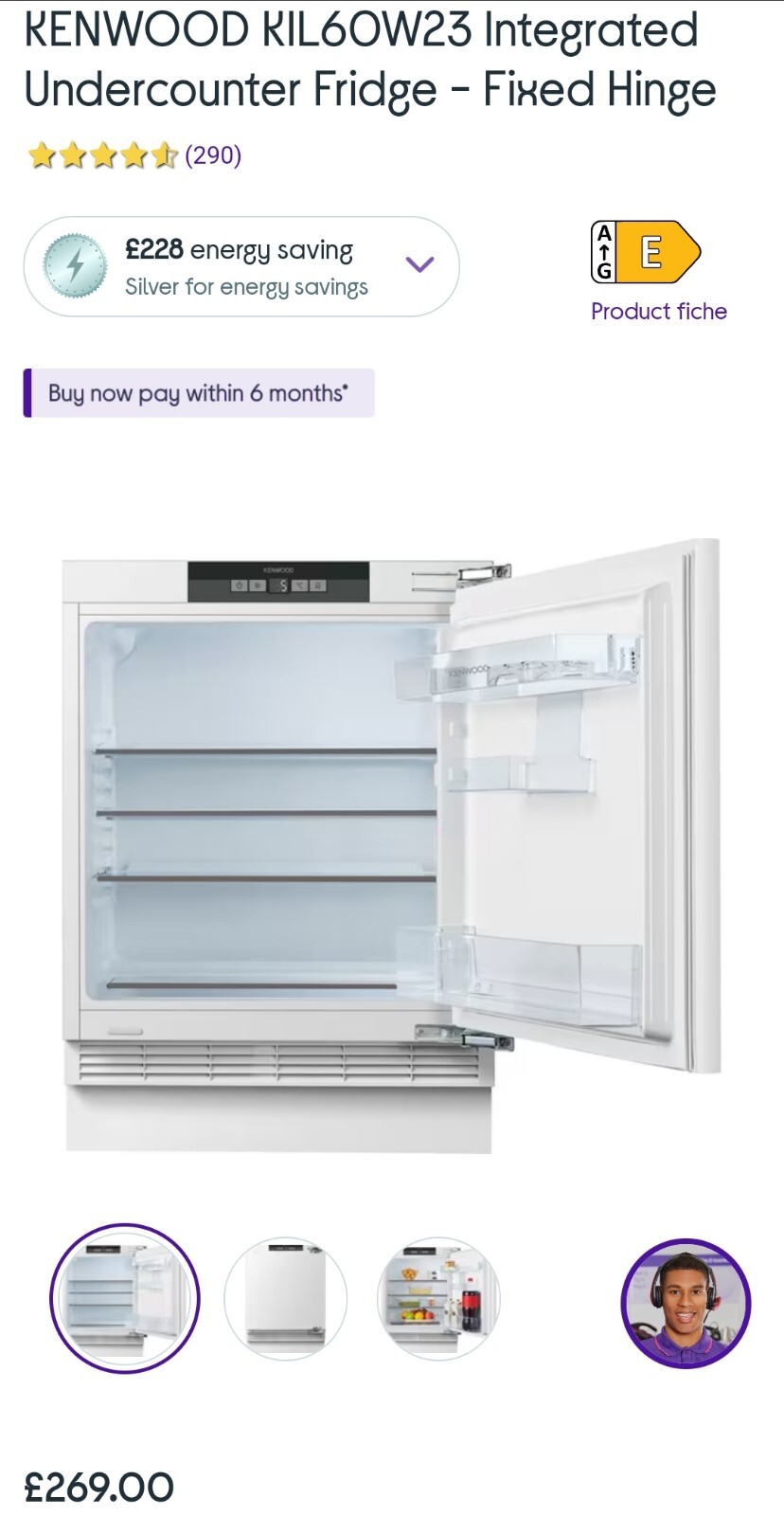 KENWOOD KIL60W23 Integrated Undercounter Fridge Fixed Hinge Possible