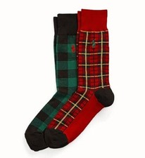 Polo Ralph Lauren Tartan Red Green 2 Pair Socks Mens 10-13 Shoe 6-12.5