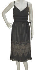 ANN TAYLOR LOFT~NWT!~BLACK W/TAN PRINT PLEATED-SPAG STRAP-MID CALF DRESS SZ:6