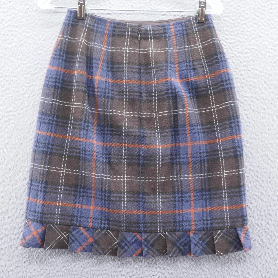 Cabi Womens Wool Blend Pencil Skirt 2 Blue Brown Tartan Plaid Pleated Ruffle Hem - Image 2 of 4