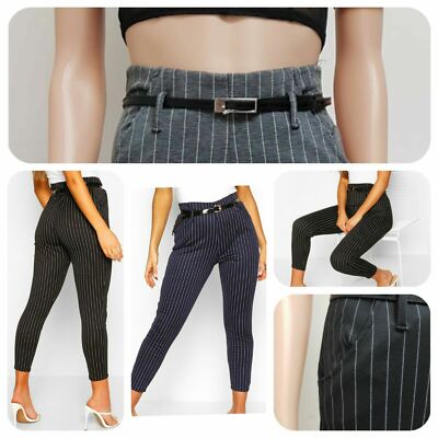Ex Store Damenhose spitz zulaufend elastischer Bund Nadelstreifen Gürtel häutige Tasche UK