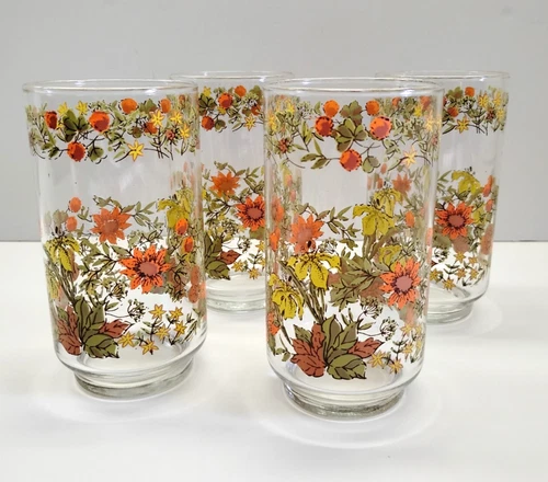 Vintage Libbey Indian Summer Harvest 12 oz Drinking Glasses Tumblers Set of 4
