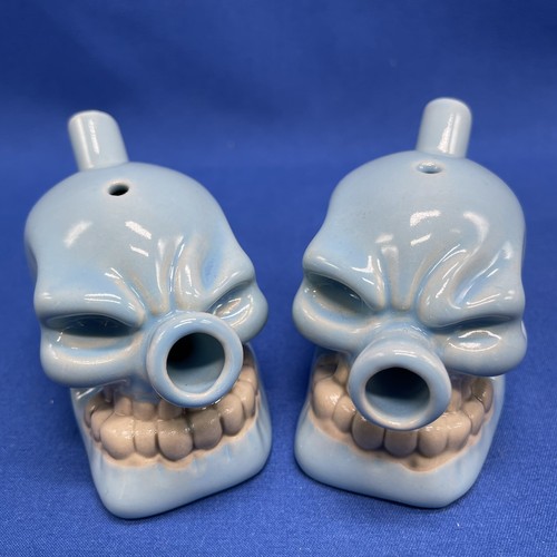 Skull Shaped One Hitter Pipe Hand Bowl NEW Blue Colored Glass PAIR 3in.x2in.