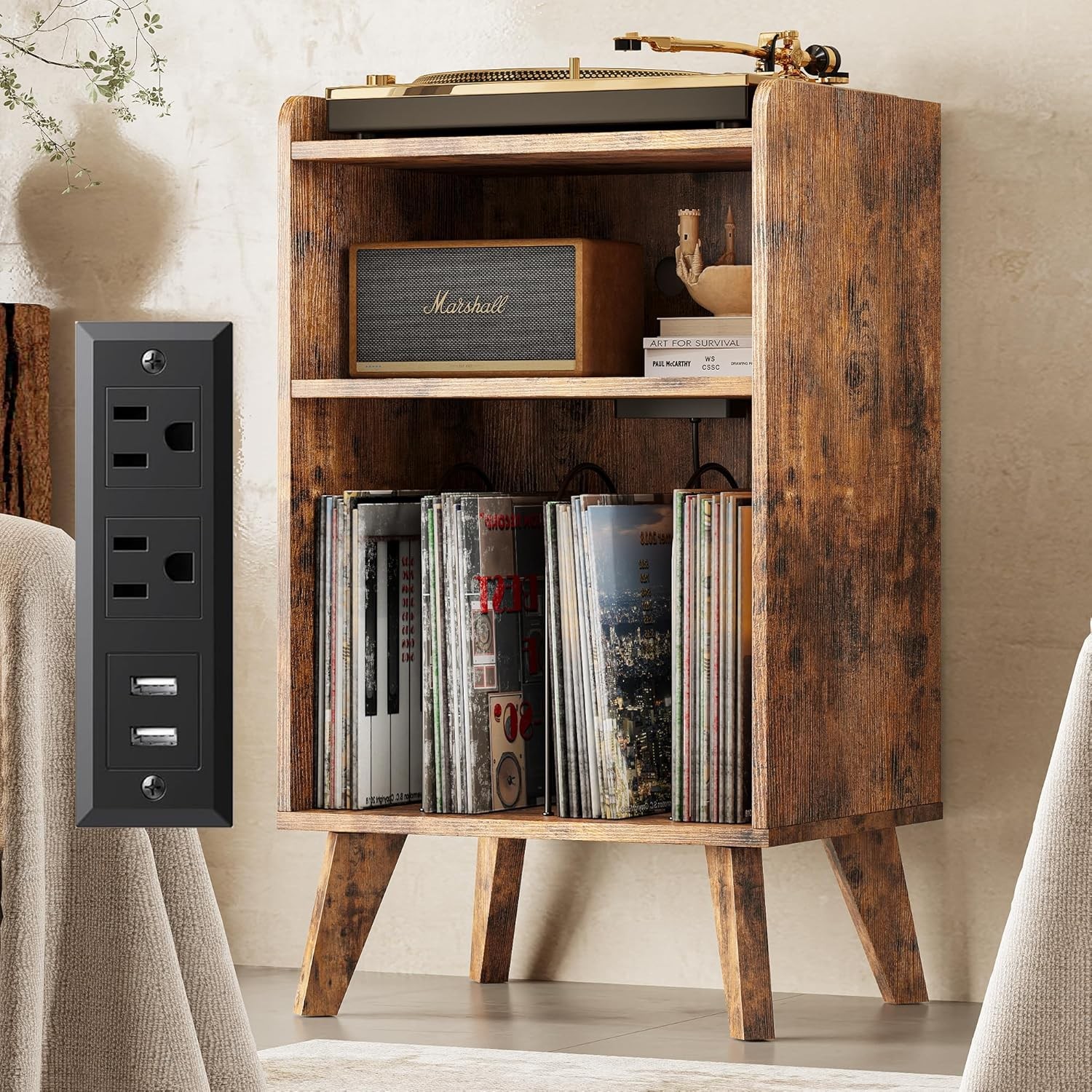 Vintage Rustic Brown Turntable Stand with Storage for Vinyl Records  -image