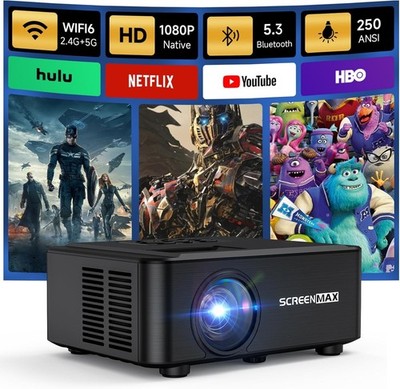 SCREENMAX Projector WIFI and Bluetooth, Native 1080P Projector *NEW -See Box*