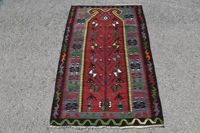 Vintage Turkish Rug, 3,2x4,7 ft Kilim Rug, Red Green Floral Rug