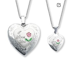 Mother And Daughter Silver Heart Shaped Necklaces With I love You And Rose