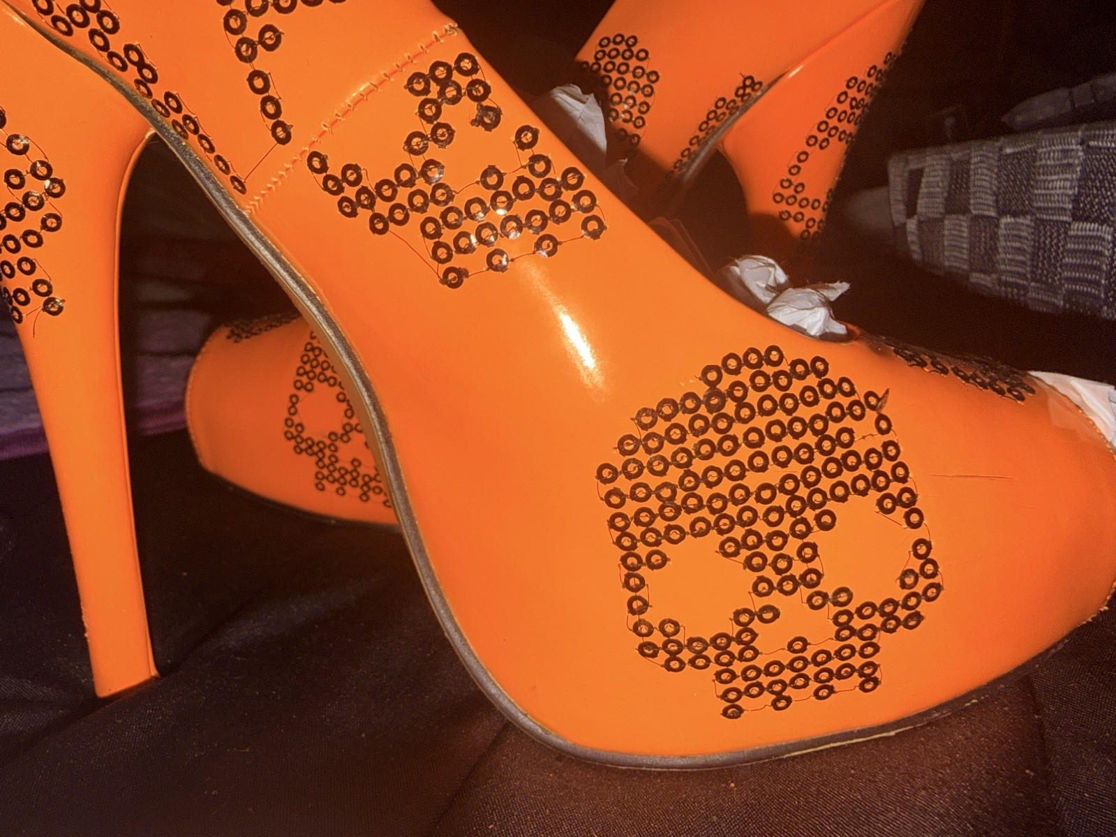Iron Fist Sugar Hiccup Peep Toe Platform Neon Coral With Skulls Heels US 7 UK 5